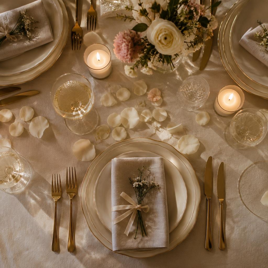 Party table set with candles, glasses and gold cutlery