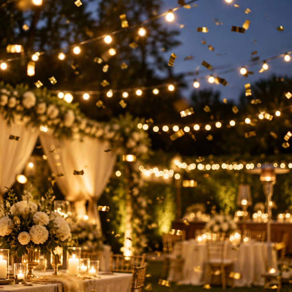 String lights and gold confetti over an evening party