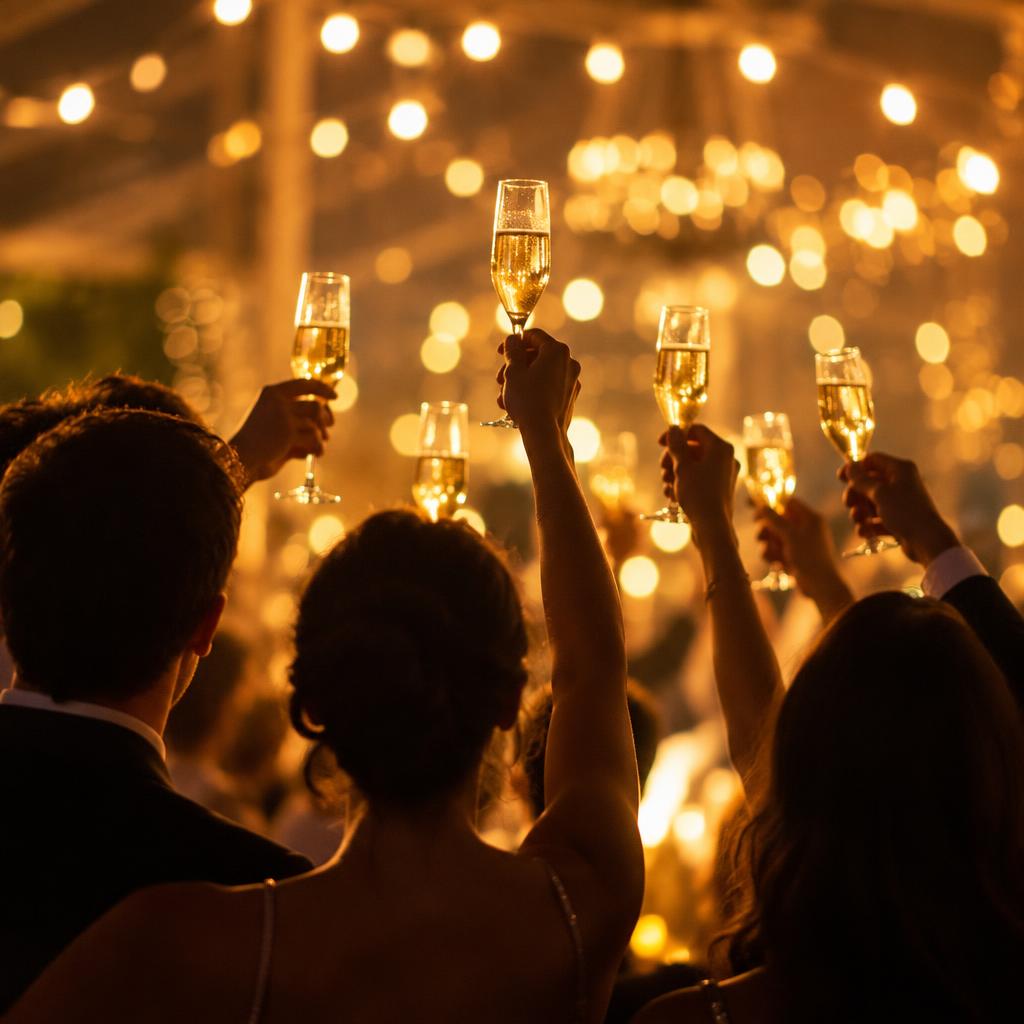 Guests seen from behind raising glasses in a toast